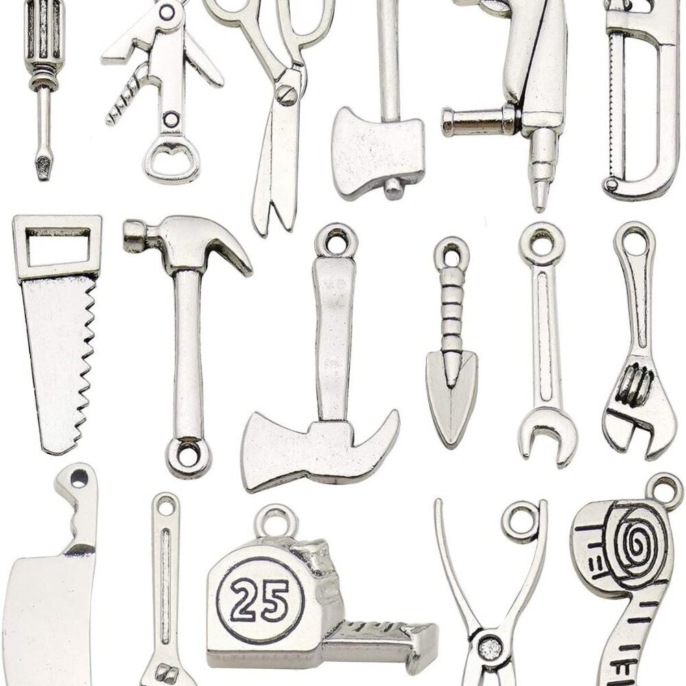 50 pcs Antique Silver Tool Style Charms DIY Shovel Scoop Hammer Ax Hatchet Pince